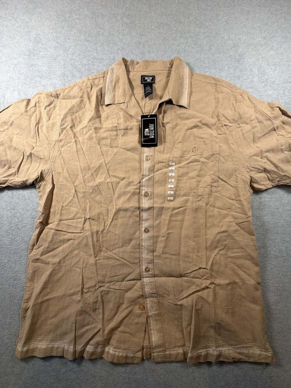 Junction West Men's Short Sleeve Button-Down Shirt, Tan Linen-Rayon Blend